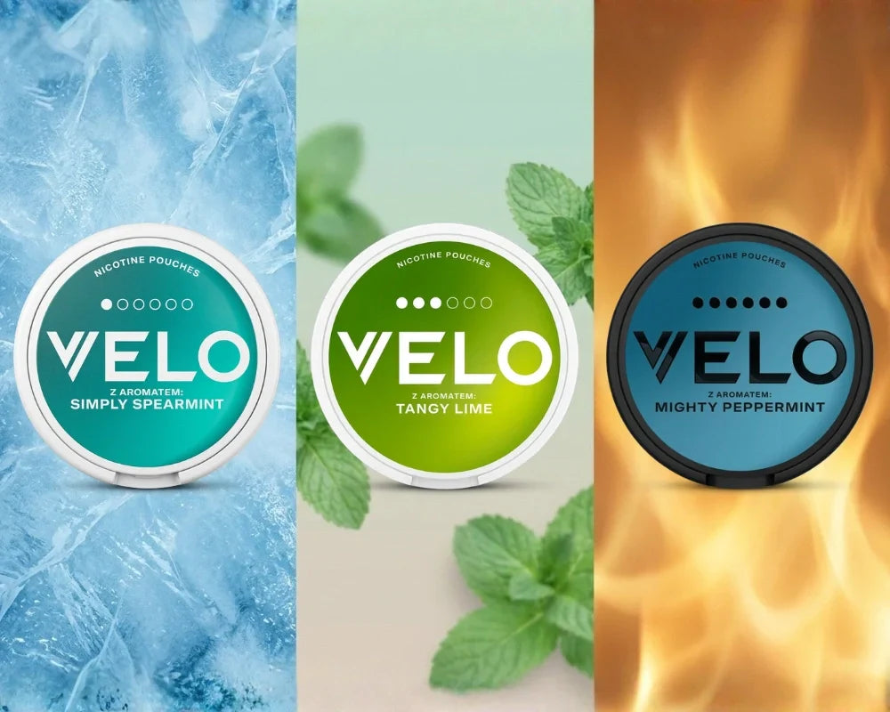 Trei cutii VELO pe gheață, frunze de mentă și flăcări, de la Simply Spearmint la Mighty Peppermint