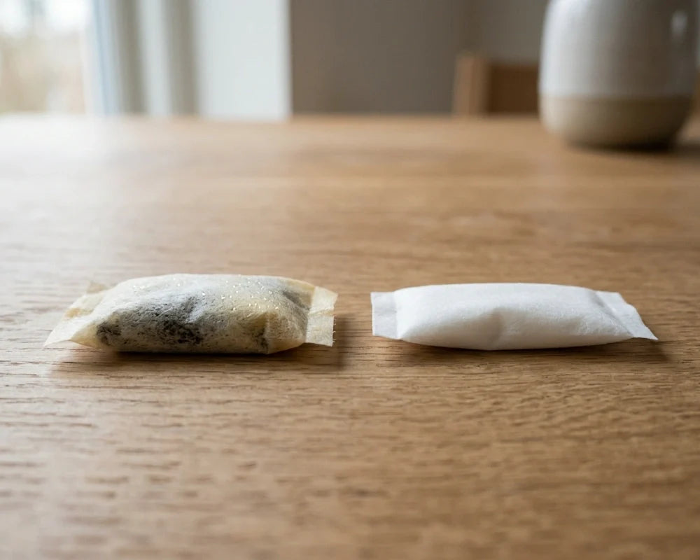 O porție de snus tradițional maro lângă o pungă de nicotină fără tutun pe o masă de lemn