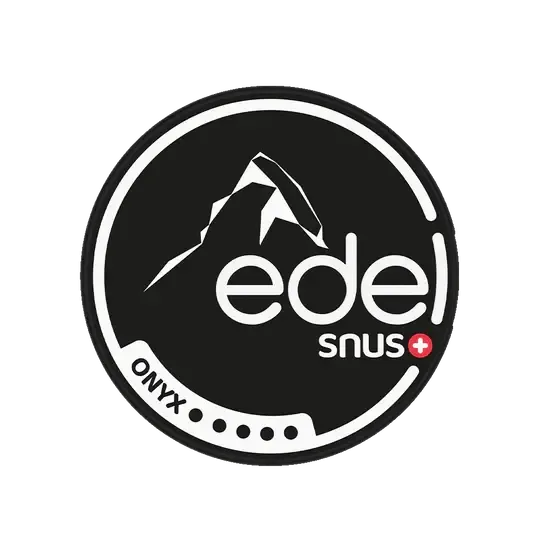Logo Edel Snus Onyx cu motiv muntos pe fond negru, marca elvețiană de Snus