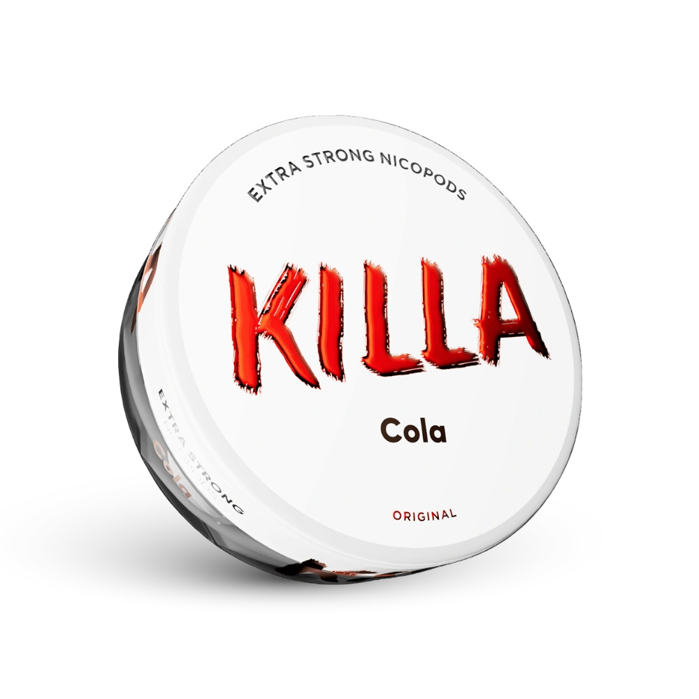 Killa Cola Extra Strong Nicotine Pouches cu 16mg nicotină, cutie albă cu logo roșu