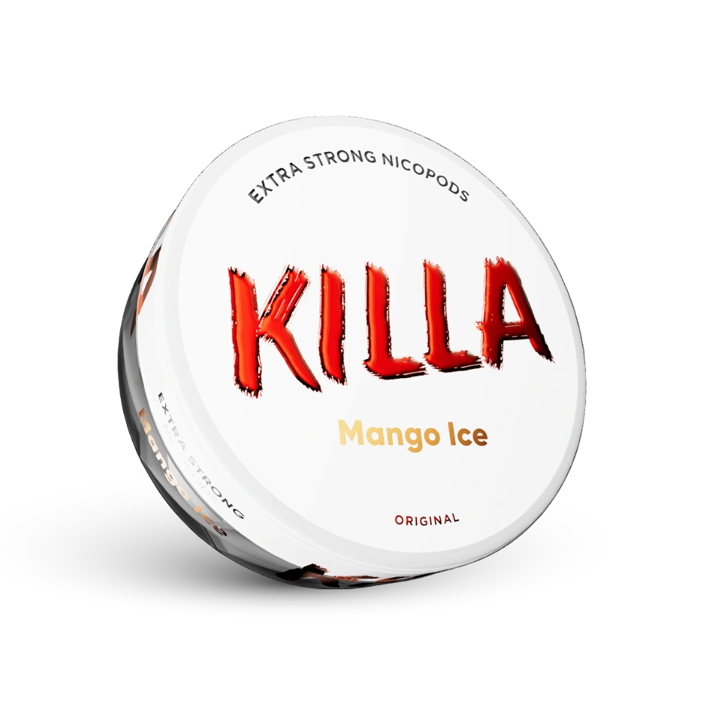 Killa Mango Ice Nicotine Pouches Extra Strong, 16 mg, Doză cu design alb și logo roșu