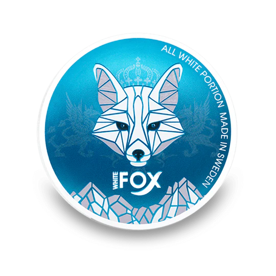 White Fox All White Portion Slim Nicotine Pouches în cutie albastră cu logo-ul vulpei