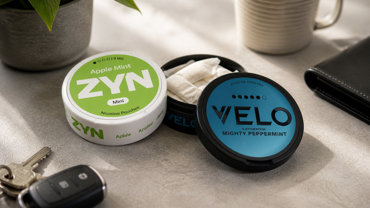 O cutie ZYN Apple Mint și o cutie VELO Mighty Peppermint cu o cutie deschisă, chei de mașină și un portofel pe un blat de lucru