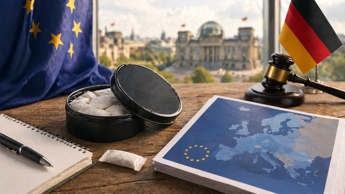 Steagurile UE și germane cu o cutie de pungă de nicotină deschisă, un ciocan și o hartă a Europei pe un birou în fața Reichstag-ului