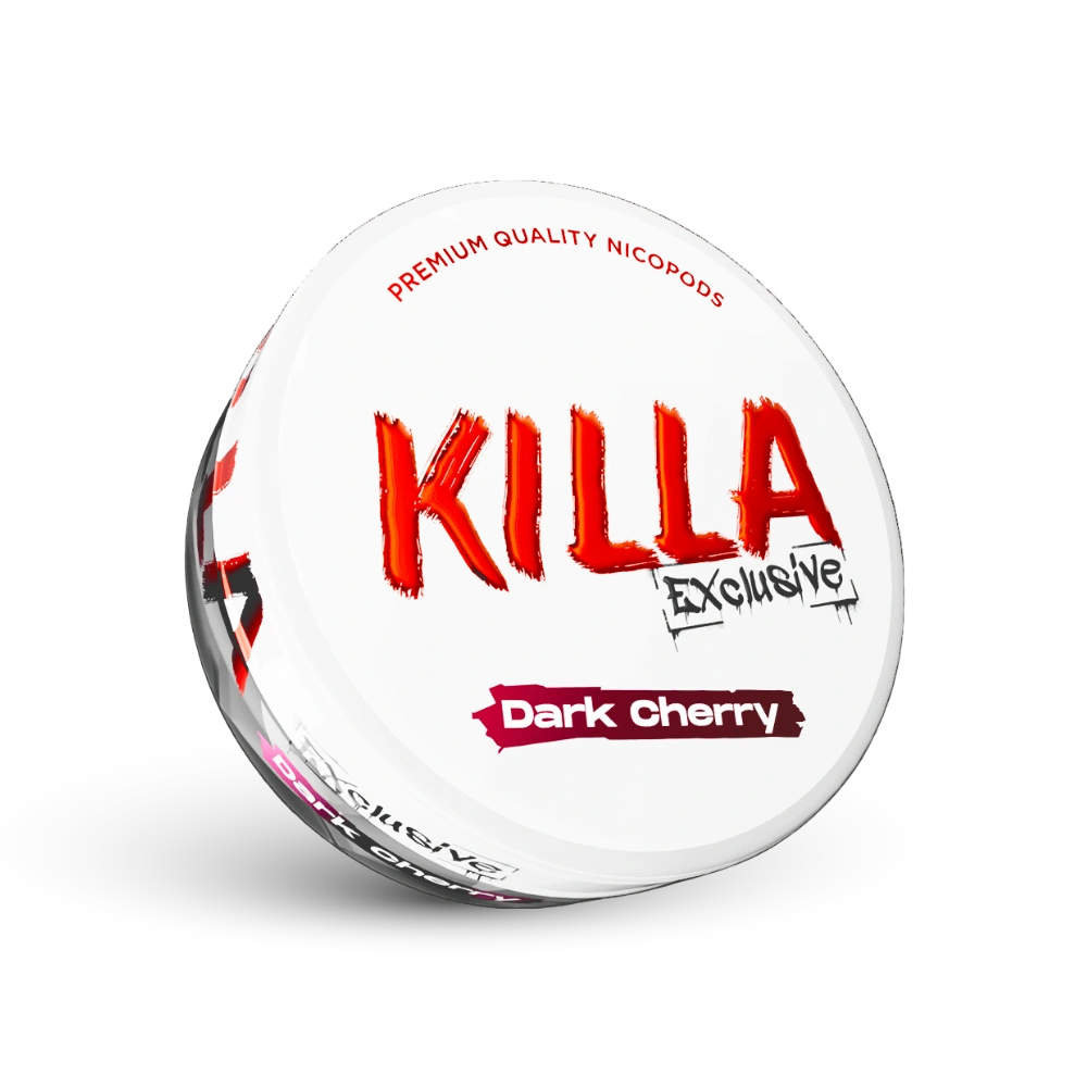 Pungute de nicotina Killa Exclusive Dark Cherry în cutie albă cu logo roșu și marcaj cu aromă de cireș negru
