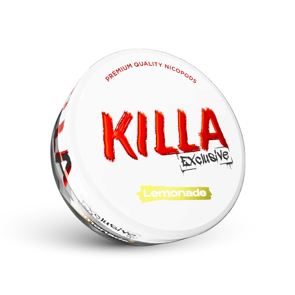 Killa Exclusive Lemonade Nicotine Pouches Doză cu aromă de lămâie și logo roșu pe fundal alb