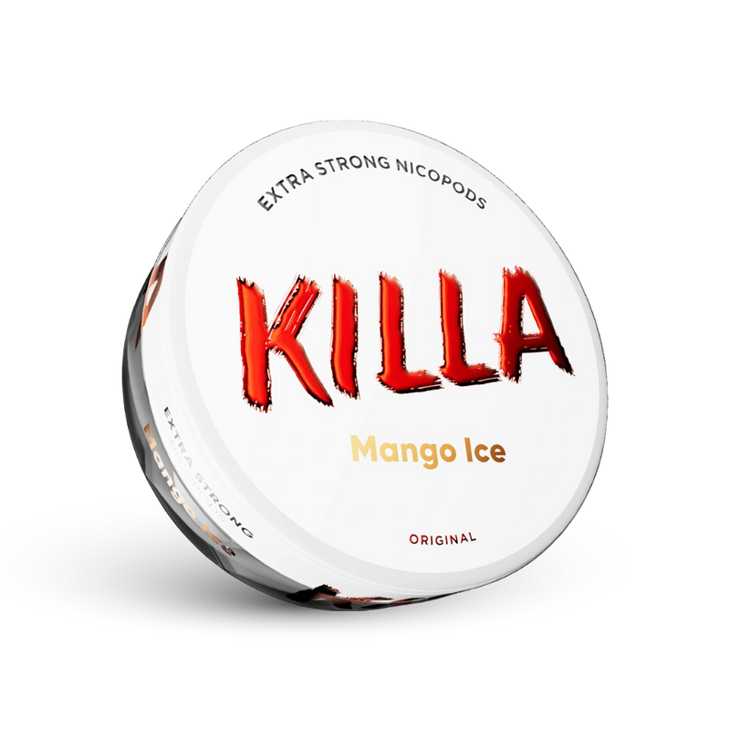 Killa Mango Ice Nicotine Pouches Extra Strong, 16 mg, Doză cu design alb și logo roșu